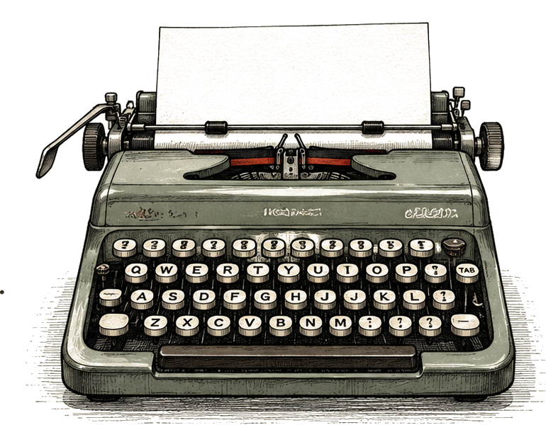 A vintage manual typewriter, illustrated in a restrained pen-and-ink style
